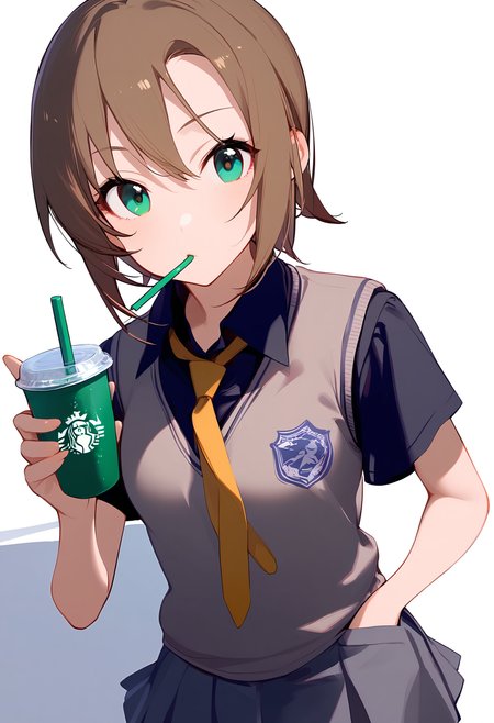 1girl,
tada riina,


sweater vest, shirt, medium breasts, light frown, short sleeves, holding, standing, collared shirt, miniskirt, skirt, yellow necktie, wing collar, green eyes, school uniform, holding cup, white background, looking at viewer, pleated skirt, headphones, drinking, necktie, short hair, clothes writing, solo, cowboy shot, breasts, drinking straw, closed mouth, hand in pocket, grey skirt, cup, disposable cup, black shirt, brown hair, simple background,

sfw
<lora:a31_char_new_tada_riina:1> <lora:a31_style_koni-000010:0.8>