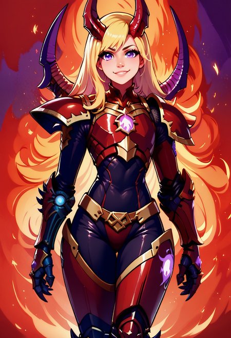 score_9, score_8_up, score_8,  
Khrn, 1girl, solo, long hair, looking at viewer, smile, blonde hair, purple eyes, cowboy shot, horns, armor, cosplay, gauntlets, prosthesis, power armor, fire background,
