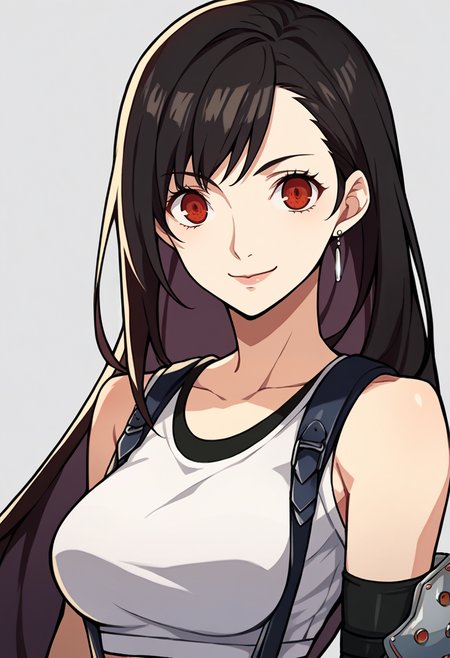 score_9, score_8_up, score_7_up, source_anime, BREAK, solo, 1girl, smile, looking at viewer,  <lora:P5-Portraits-pdxl_Fp:1>, simple background, portrait,  <lora:tifa-pdxl-nvwls-v1:1>, defTif, red eyes, black hair, low-tied long hair, earrings, white sports bra, black suspenders, elbow pads,