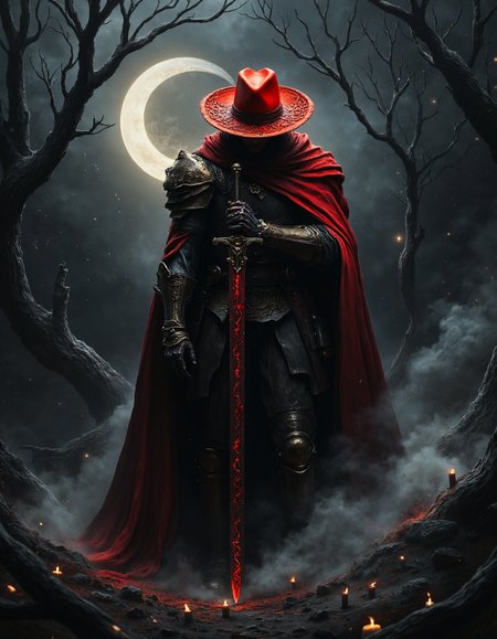 Highly detailed dark cinematic scene. A figure stands with a long cape draped over their light armor, wearing a big red American hat that obscures their face as the head tilts downward. hold an intricately red hunter sword in one hand cross his body. Twisted dead trees and scattered candles surround them, with a crescent moon glowing faintly behind. The atmosphere is dark, eerie, and melancholic, <lora:aidmaMJ6.1:0.8>, <lora:fluxenhancer:0.5>
