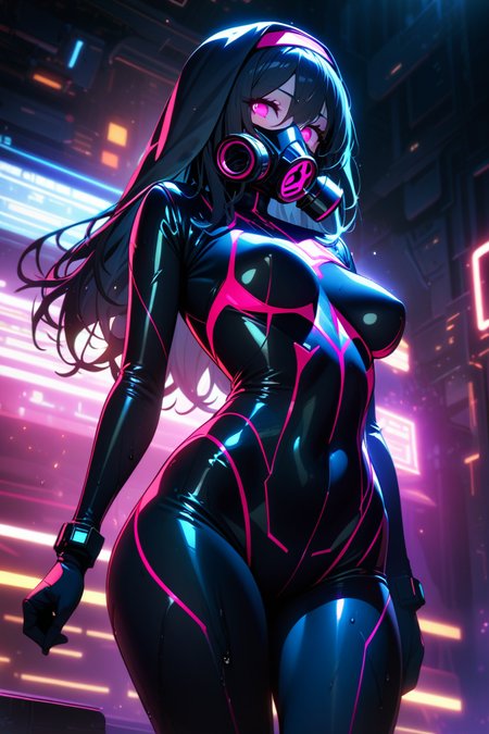 ((girl)), highly detailed, masterpiece, 4k, 8k, intricate detail, cinematic lighting, amazing quality,game cg,  amazing shading, medium breasts, breasts thighs, ultra highres, deep glow effect, hdr, light particles, cinematic lighting, depth of field,full suit, 1girl, solo, nun suit, future, neon lights, neon hair, thighs, black hair,longtail bob, gas mask, cyber eyewere , <lora:longtail_bob-1.0:0.8>,wet, robot eye,electronic