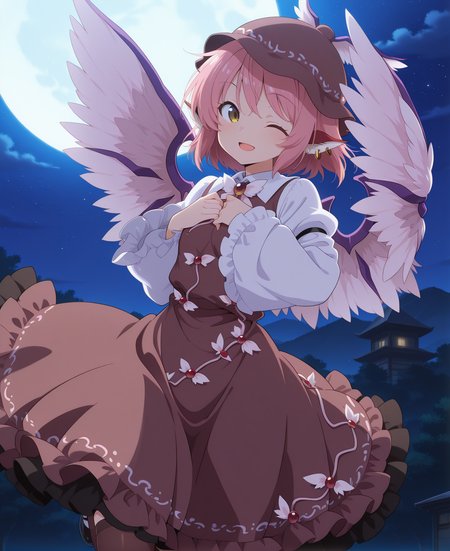 absurdres, highres, masterpiece, best quality, amazing quality, official anime artwork, screencap, anime screencap, outdoors, looking at viewer, light smile, dynamic pose, night,  <lora:Mystia-Lorelei_Illustrious:1> mystia lorelei, 1girl, solo, brown eyes, pink hair, short hair, animal ears, earrings, wings,, hat, winged hat, brown dress, puffy sleeves, juliet sleeves, brown thighhighs, black footwear, 
moon, flying, star, open mouth,  wink,