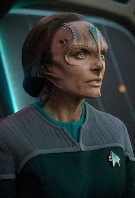 8k HDR, Cinematic film still portrait from blockbuster sci-fi science fiction movie, 35mm Fujifilm, IMAX, extremely detailed, female c4rd45514n alien, forehead crest, grey skin, ridges, scales, wearing (black and grey ds9st uniform, teal collar)