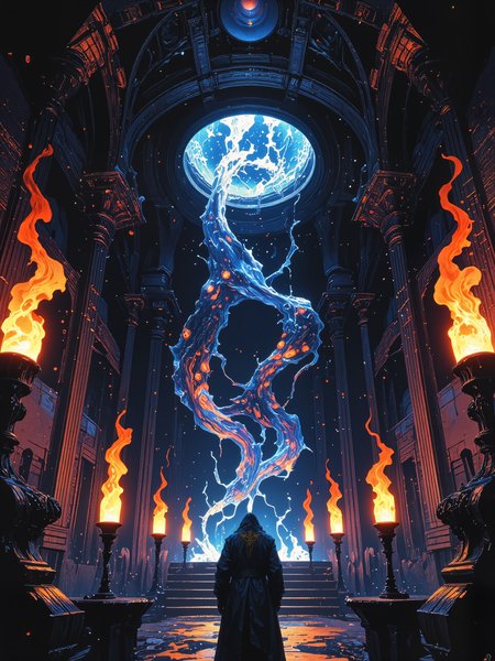 famous masterwork sci-fi artwork, hyper-realistic, photo-realistic, ultra detailed, high resolution, uhd, 8k, 4k, epic, highly aesthetic, gorgeous, beautiful, dramatic, accurate, perfect composition, at night, dim lighting, life is a canvas laid bare for all to see, man is a mirror imprinted with lock and key, dichotomous gates lead to dormant ways, where every path was split in half, we wander 'til we fade, time confounds and mystifies, awareness cuts like a blade, the duplicitous curse of the gifts we share, soon lost on wasted days, let senses draw blood, drown in their flood, a maelstrom of sweat and cold regret, life's paint seeps from our veins, through the portals that we left, our shades will follow through, sacrificial chamber, flickering torches, interdimensional entity, star-born entity, iridescent shards, undead beast, high contrast, lovecraftian, cthulhu mythos, r3alisticf, ne0nfant4sy, midjourney_whisper_avant_couture, frank frazetta, <lora:style-frank_frazetta-flux-by_artikuz_ai:0.48> <lora:style-mythic_fantasy-realistic-flux-by_velvets:0.64> <lora:style-neon_fantasy-flux-by_neowave:0.4> <lora:epic_gorgeous_details-balance-flux-by_flyway:0.4> <lora:midjourney_whisper_avant_couture-flux-by_aihonobono2023:0.4>