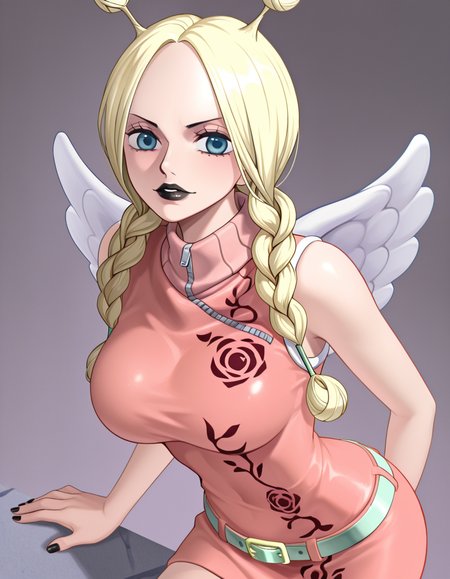 1girl, conis, pink turtleneck dress, green belt, wings, blonde hair, antenna hair, twin braids, blue eyes, black lips, black nails, looking at viewer, cute,  <lora:Conis_ill_v6:1>, very awa, masterpiece, best quality, newest, highres, absurdres,