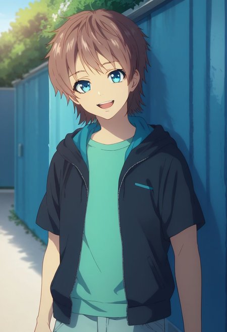 score_9, score_8_up, score_7_up, source_anime, highly detailed, 
kaname, solo, brown hair, 1boy, blue eyes, male focus, pants, t-shirt, hood, zipper. green t-shirt, pants, upper body, smile, open mouth,
outdoor,