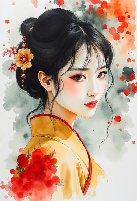 ArsMJStyle, Expressive Watercolor Ink Wash, photorealistic closeup portrait of stunning japanese woman, gold and red cheongsam, bangs, sidelocks, light hitting one side of face, abstract traditional japanese art background suggesting a shinto temple