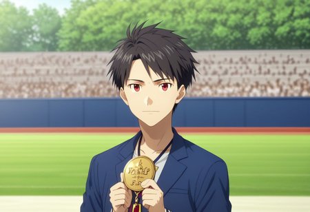 high resolution, solo, best quality, 1Boy, Yamato Ishida, Black Hair, Red Eyes, portraits, proud, outdoor, Holding a Medal, Half Body, Depth Of Field, OverallDetail