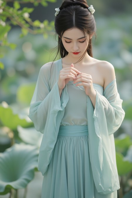 <lora:ãéº¦æ©éè¡£ãMajicflus:0.7>, qingyi, In the soft morning light, a close-up captures a delicate young woman wearing a cyan translucent hanfu, with her bare shoulders and arms subtly visible. She gently adjusts her loose neckline, the skirt ending just above her knees for a breezy and minimalist appeal. Her loosely styled updo is adorned with small jade pins. The background features a misty lotus pond and swaying leaves.âââ