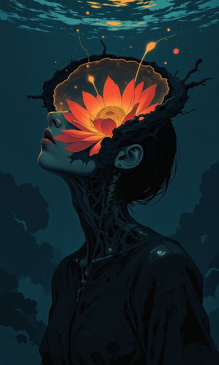 In a surreal portrait, a woman with short, straight brown hair floats against a dark blue gradient background, its depths swirling like the void of a twilight cosmos. Her face is grotesquely elongated, stretched into a ribbon-like curve that defies anatomy, yet retains an eerie elegance. Her head is hollow, a cavernous silhouette where shadows cling to the edges, and within it, a luminous flower bloomsâpetals unfurling in vibrant hues of crimson and gold, a burst of life erupting from emptiness.
Her eyes are entirely white, devoid of pupils, glowing faintly as they stare into nothingness. The stretched planes of her face shimmer with an almost metallic sheen, as if sculpted from liquid silk frozen mid-motion. The contrast between the organic delicacy of the flower and the unnatural distortion of her form creates a haunting tension, both unsettling and magnetic.
This is a vision of paradox: decay and rebirth, emptiness and abundance, humanity and abstraction. She exists in the liminal space between reality and dream, a silent testament to the surreal beauty of transformation.
BREAK anime, bboil artist style, vantablack