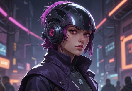 Concept art of a fighting game, female wears cyberpunk cyclops helmet, wears purple cape, volumetric light, detailed <lora:Modern_Cartoon_Style:0.3>,    highly detailed,  vibrant colors , 8k,   sharp,  professional, clear,   high contrast, high saturated, vivid deep blacks, crystal clear