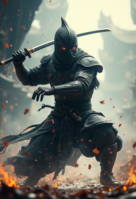 The center of the photograph is a ninja dressed in an intricate exosuit armor, which not only grants him exceptional strength and speed but also integrates the essence of Eastern martial arts. His movements are full of fluidity, as if every turn and every swing leaves a beautiful trajectory in the air. The ninja mask he wears presents itself in a simple yet mysterious way, with each detail appearing extremely refined.

The fusion of the exosuit armor and the ninja is reflected in the handling of light, shadow, and color with an abstract art style. The entire scene is covered by a layer of blurred, dynamic colors that embody both the artistic intent of Eastern ink painting and the innovative expression of modern art. In the background, geometric shapes and streamlined structures interweave to form a visual contrast and harmony. These structures seem to be an extension of the ninja's power, protecting him while adding a touch of mystery to his combat.

In this photograph, light plays a crucial role. The interplay of light and shadow not only creates a dramatic atmosphere but also enhances the dynamic beauty of the exosuit armored ninja. At certain moments, this beam of light seems to descend from heaven, illuminating the ninja and his weapons, imbuing the entire scene with a nearly sacred feeling.

HD32K, masterpiece, high detail, ArsMJStyle, wallpaper, hyperdetailed, concept art, best quality, hyper detail, ray tracing, cinematic feel, professional photography lighting.

midjourneyv6.1.