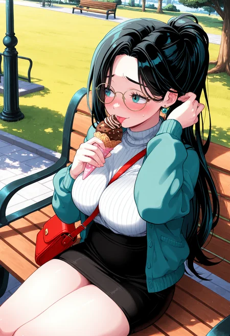 1girl, solo, h4n4, woman, 26yo, long hair, round glasses, sweater, pencil skirt, park, bench, licking on icecream, softice, icecream cone, sitting, ponytail, delicous ice, hair flip, holding icecone,cardigan, smile, averting eyes, shy, embarrassed, teal eyes, black hair, opaque glasses, vanilla icecream, chocolate icecream, beautifull hands, detailed hands, handbag, earrings, large breasts, strap between breasts