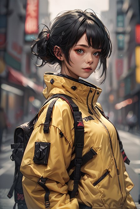 score_9, score_8_up, score_7_up,score_6_up, score_5_up, score_4_up,  BREAK
techwear,  <lora:TechWearPony:0.8>,
, 1girl, solo, black hair, blurry background, looking at viewer, yellow jacket