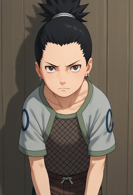 score_9, score_8_up, score_7_up, highly detailed, cute boy, 1boy, solo, young, Shikamaru_Nara, Brown Eyes, Black Hair, Ponytail, Earrings, fishnet shirt, Brown Pants,
