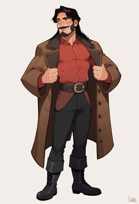 score_9, score_8_up, score_7_up, score_6_up, solo,long hair,smile,simple background,shirt,black hair,long sleeves,1boy,white background,standing,jacket,full body,male focus,boots,open clothes,teeth,belt,pants,black footwear,black eyes,coat,facial hair,black pants,red shirt,beard,open coat,mustache,brown coat
<lora:hong_soonsang_v0.3-pony:1>