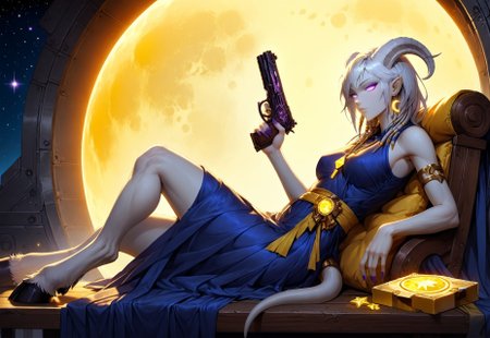 (absurdres, best quality, masterpiece:1.4), score_9, score_8_up, score_7_up, score_6_up, detailed, detailed body, detailed face, world of warcraft, fantasy, <lora:add-detail-xl:1.5>,

fFaceDetail, (female, draenei, h0rns, ram horns, white horns, tall, athletic arms, pale white skin, long white hair, purple eyes, long white tail, long fingers, purple fingernail polish), 

(long loose blue dress, yellow silk scarf, tail under dress, simple armlet, small yellow gem pendant, small yellow gem earrings),

portrait, side view, looking to viewer, angered face, (lying down, lying on bench, lying on side),

GunMonk, pistol, full body, side view, (window in background, outer space in background, stars, no clouds, distant moon), metal wall, limestone furniture, sitting at table, legs on table, leaning back in chair