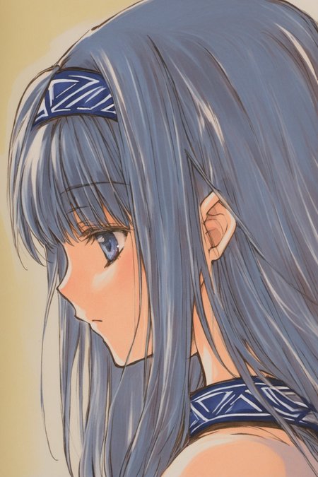 Reverie Metherlence,1girl,solo,flower,hairband,long hair,traditional media,profile,blue hair,portrait,<lora:Azuma Mayumi_XL:0.8>,