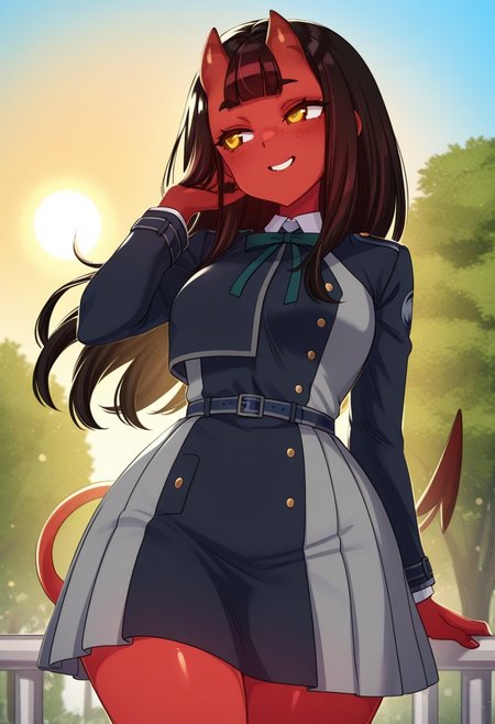 meruthe, red skin, yellow eyes, black hair, long hair, blunt bangs, freckles, medium breasts, red tail, thick tighs,  lycoris uniform, two tone dress, pleated dress, neck ribbon, green ribbon, long sleeves, collared shirt, blue belt.1girl. solo. park, sun, day, grin, shiny skin, wide hips,