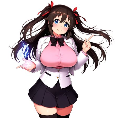 <lora:çä¹³ãã¾ãGyuunyuu_Umao_doujinshi:1.1>,1girl, huge breasts, wide hips, original, 2017, black bow, black bowtie, black hair, black skirt, black thighhighs, blue eyes, bow, bowtie, floating hair, hair between eyes, hair ribbon, index finger raised, jacket, long hair, looking at viewer, magic, miniskirt, page number, pink shirt, pleated skirt, red ribbon, ribbon, shirt, skirt, smile, solo, standing, thighhighs, two side up, white jacket, zettai ryouiki, 
very awa, masterpiece, best quality, highres, absurdes,amazing quality,very aesthetic,intricate details, <lora:hand 5.5:1>