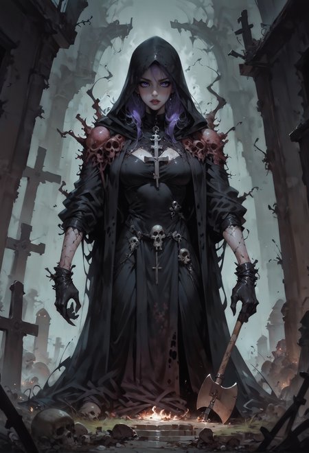score_9, score_8_up, score_7_up,   1girl, necromancer, dark robes, gloves, fishnets, dark veil, purple hair, purple eyes, black lipstick, in a graveyard BREAK burning crosses, shovel, undead arms coming out of the ground, black flowers, gothic, horror, dynamic view,  <lora:Fant5yP0ny:0.8>  <lora:Concept Art Twilight Style SDXL_LoRA_Pony Diffusion V6 XL:0.8> Concept Art,   <lora:Expressive_H-000001:0.8> expressiveh,   <lora:sinfully_stylish_SDXL>