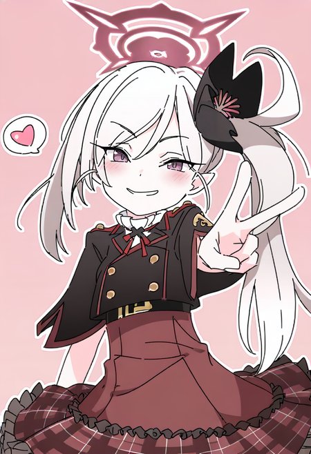 1girl, mutsuki \(blue archive\), halo, solo, side ponytail, heart, long hair, hair ornament, skirt, smile, looking at viewer, simple background, red skirt, v, white hair, flower, hair flower, spoken heart, purple eyes, frills, high-waist skirt, grin, frilled skirt, blush, pink background, jacket, black flower, bangs <lora:ixyXL_NBVP1_lokr_V6311PZ:0.95>