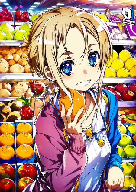 (by   bunbun, )
1girl in a lively marketplace. She explores colorful stalls filled with exotic fruits, her eyes wide with curiosity. A gentle breeze ruffles her hair as she samples a piece of fruit, her expression a mix of delight and wonder
anime, flat color 
 best quality, masterpiece,