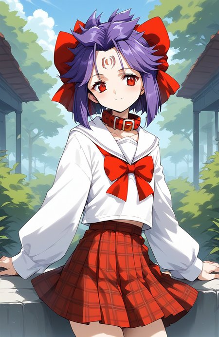 score_9, score_8_up, score_7_up, source_anime, rating_explicit, BREAK  <lora:kakurine_Ver2.1_XL:1> kakurine,  forehead mark, red eyes, purple hair, short hair, sidelocks, hair bow, red bow, collar, 
school uniform, checked skirt, 
outdoor, day,