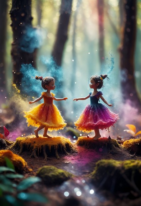 Little people made out of sap dancing in a dense magical forest, magic, dust particles, enchanted, vibrant, colorful<lora:add-detail-xl:0.5> <lora:MJ52:0.5>