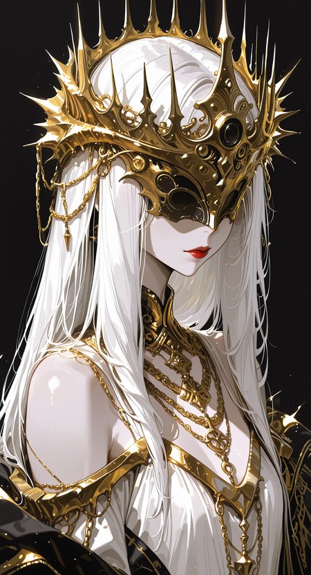 masterpiece, best quality, good quality, very awa, newest, highres, absurdres, 1girl, solo, long hair, dress, closed mouth, jewelry, bare shoulders, upper body, white hair, white dress, necklace, lips, chain, black background, portrait, crown, gold trim, red lips, covered eyes, gold, gears, gold chain, limited palette, h4ra_illu <lora:illustriousXL_stabilizer_v1.23:0.3> <lora:NOOB_vp1_detailer_by_volnovik_v1:0.3> <lora:ponyv6_noobE11_2_adamW-000017:0.3> <lora:114558v4df2fsdf5:0.6> <lora:XXX667:0.4> <lora:-_iLL_-_the_edgy_mech_V2.0-:0.8>