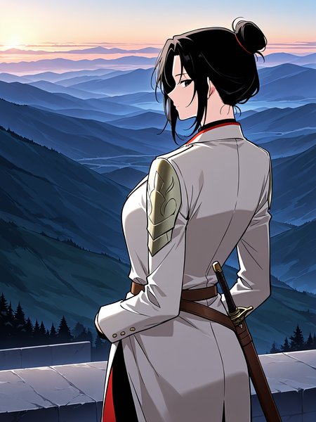 <lora:Omniscient_Readers_Viewpoint__Jung_Heewon:1>
1 girl, solo, black hair, long hair, black eyes, tied hair, 
white coat, red inner lining, black shirt, black pants, brown belt, sword sheath, 
score_9, score_8_up, score_7_up, source anime, BREAK, cowboy shot, (from side), looking back, looking at viewer, overlooking mountain, high altitude, scenery, exterior, background
