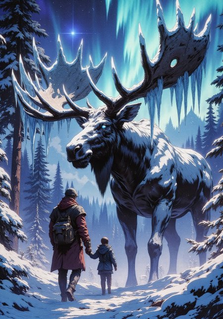 The landscape of a beautiful snowy forest, in the foreground a man with his son, seen from the back of the subjects, a huge moose makes its way through the trees, the elk's antlers are large and frozen, the elk's antlers are completely turned to ice, , from the elk's antlers hang ice stalactites, the moose's eyes are bright blue,  The scene takes place at night, a Northern Lights landscape, the father and his son look small compared to the moose, an atmosphere of mysticism and fantasy, 