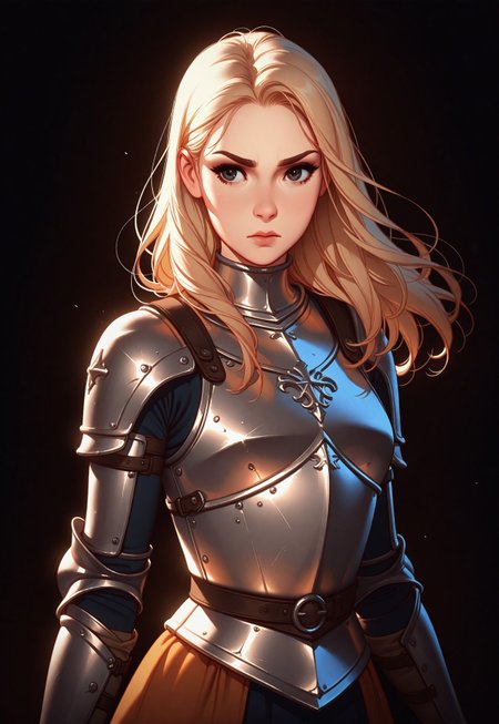 Tsuaii, flat colors,high detailed, high quality, masterpiece, 
 1girl, upper body, (black background), dynamic lighting, standing, holding an xxe, battle stance,
simple steel breastplate, medieval, knight