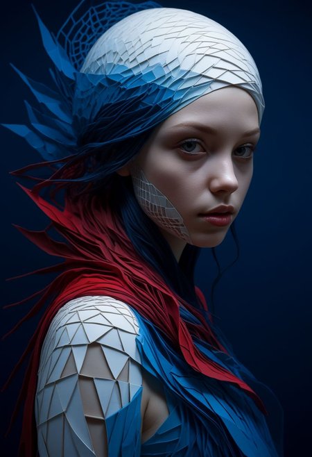 layered papercut, mysterious face, an exotic girl in artsy clothing, fading backlit background, (deep sea fading white to deep blue/red), alluring goddess, by Minjae Lee, Carne Griffiths, Emily Kell, Steve McCurry, Geoffroy Thoorens, Aaron Horkey, Jordan Grimmer, Greg Rutkowski, amazing depth, double exposure, surreal, geometric patterns, intricately detailed, bokeh,  perfect balanced, deep fine borders, artistic photorealism , smooth,  great masterwork by Suiras  <lora:add-detail-xl:2>  <lora:Double_Exposure:0.5>