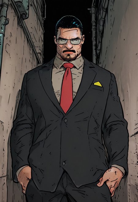 (masterpiece), (ultra-detailed, 8k, gritty cinematic style), mid shot, male pov (best quality), (ultra-detailed), noise effect. chromatic aberration, 
BREAK
1 boy,  black hair, bara, pants, facial hair, mustache,  formal, suit, red necktie, collared shirt, glasses, eyes at viewer,  portrait, 
  standing, contrapposto, alley lit by flickering neon, happy,open mouth, frown 
BREAK
urban desire at its peak, 
,