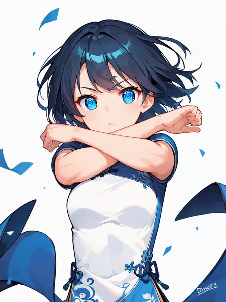 score_9, score_8_up, score_7_up,source_anime, high res image,masterpiece,best quality,(woman,middel bdeasts:1.0),cute face,clear skin,shiny hair,ultra detailed eyes,simple background,blue eyes, <lora:defence pose_pony_V1.0:0.8> defense pose,fighting pose,crossed arms,arms up,hold hands,china dress
