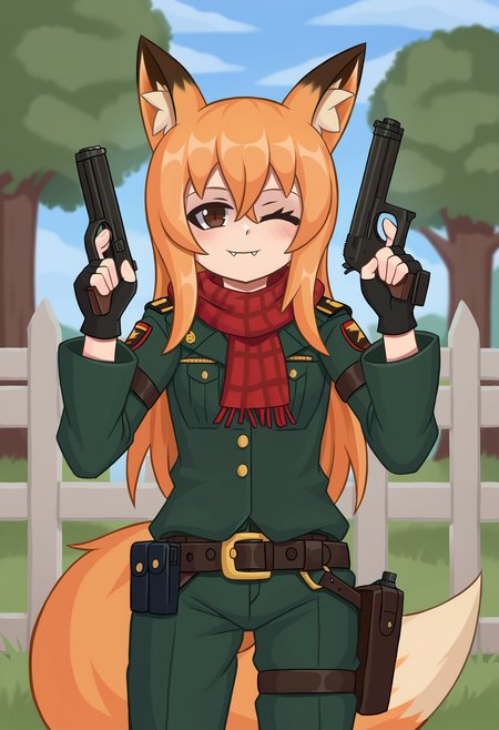 score_9, best quality, masterpiece, uncensored, source_anime
BREAK
1girl, solo, long hair, looking at viewer, smile, bangs, brown hair, gloves, long sleeves, animal ears, hair between eyes, brown eyes, weapon, multicolored hair, outdoors, one eye closed, black gloves, fang, belt, pants, fingerless gloves, scarf, orange hair, tree, animal ear fluff, gun, plaid, military, fox ears, mask, handgun, fence, holster, fang out, holstered weapon
<lora:duhota_pony_v3:1>