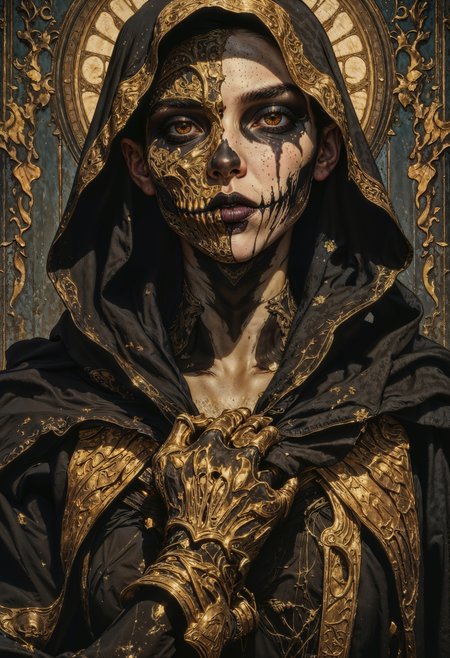 hyperrealism, elven girl, a stunning photo of a gorgeous necromancer female Aerenal Elf, gold and black robes, face warpaint, skull face paint, gorgeous, 8k HD, detailed skin texture, ultra realistic, textured skin,. (maximum ultra high definition image quality and rendering:3), maximum image detail, maximum realistic render, (((ultra realist style))), realist side lighting, , 8K high definition, realist soft lighting, (amazing special effect:3.5).