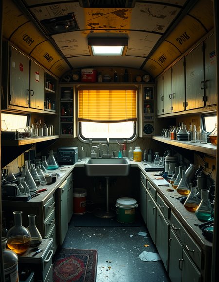 The interior of an old RV converted into a clandestine drug laboratory, inspired by the TV series Breaking Bad. The space is cramped and messy, filled with scientific equipment, glass beakers, flasks, burners, chemical containers, and lab tools scattered around. The walls are aged and stained, with peeling wallpaper and old metallic cabinets. A small sink area is cluttered with dirty lab glassware. The lighting is dim and tinted yellow, with sunlight barely filtering through dusty blinds. The floor is grimy, with a mix of rubber mats and worn carpet. The overall atmosphere is tense and gritty, capturing a sense of secrecy and danger. Hyper-realistic style, cinematic composition, rich in textures and shadows.
<lora:SDXLFaeTastic2400:0.4> <lora:extremely_detailed:0.4> extremely detailed,<lora:old_RV_drug_l4b0r4t0ry:1>,old RV drug l4b0r4t0ry, Masterpiece,best quality,hi res,8k,hi res,8k,award winning,(sharp focus, intricate, highly detailed),