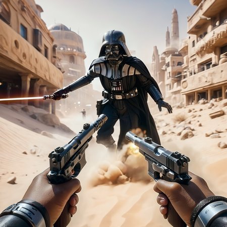 action shot of (dual pistol pov:1.3), first person view with two hands gripping pistols, pistols firing, (Darth Vader wielding his (lightsaber:1.1):1.2), sandy Mos Eisley town on Tatooine, 8k, UHD, DSLR, insane detailed, award-winning photo, bokeh, film grain, <lora:XL_Weapon_Dual_Pistol_Pov_-_By_HailoKnight:0.6>, <lora:extremely_detailed:1>, extremely detailed, <lora:d\EnvyActionShotXL01:0.35>, <lora:Blastech_DL-44_Heavy_Blaster_Pistol_SDXL:1.2>, dl44blstr