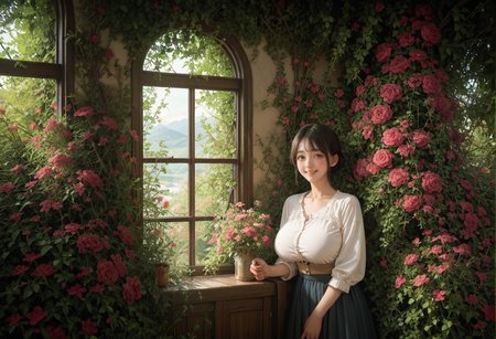 ,ruanyi0953,flower,window,<lora:0953 windows full of flowers_v1_pony:0.8>, score_9, score_8_up, score_7_up, score_6_up, score_9, score_8_up, score_7_up, score_6_up source_anime, blush, 1girl, seduce smile, perfect body , natural huge breasts