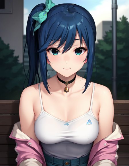 score_9,score_8_up,score_7_up,score_6_up BREAK official art,solo,outdoors,upper body,(portrait:1.5),looking at viewer,facing viewer,smile,blush,Takasaki Miho,long hair,blue hair,side ponytail,hair ribbon,hair bow,aqua bow,sidelocks,hair between eyes,bangs,blue eyes,collarbone,choker,jewelry,bell,cropped jacket,pink jacket,short sleeves,medium breasts,camisole,white shirt,denim shorts,shorts rolled up,white socks,high heel boots,<lora:Takasaki Miho(oin)-Pony:1.4>,