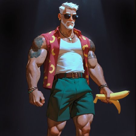 <lora:Cobra(IL):.7>,CobraDTD, tan skin, white hair, short hair, facial hair, beard, upper arm tattoo, red shirt with banana pattern, white tank top, earrings, necklace, sunglasses, bracelet, green shorts, belt, shoes, 
aixiwuganda_(20222192), (artist:niichi \(niichi21\):0.5), (artist:jezz mons art:0.8), (artist:my eight:0.8), facial hair, stubble,
solo, muscular male, bara, mature, asian, (hairy, hairy body), short hair, male focus, facial hair,
very awa, masterpiece, best quality, absurdres, newest, perfect quality, detailed background, intricate details,
<lora:slider_Body Type_alpha1.0_rank4_noxattn_last:1><lora:style_Anime Summer Days 2 Style SDXL_LoRA_Pony Diffusion V6 XL:.6><lora:style_Low-Key Lighting Style - pony:.5>, DARK, DARK BACKGROUND, LOW-KEY LIGHTING <lora:slider_cfg_scale_boost:.7>