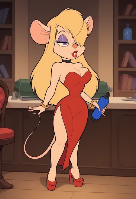 score_9, score_8_up, score_7_up, break, 
solo, 1girl, Gadget, sexy rat girl, Mouse tail, femme, femme-fatale Gadget, seductress, perfect face, thin waist, seductive face, (violet eyeshadow:1.7), (long  bangs:1.9), (bangs over one eye:1.4), shortstack, short body, (spray-on tan:1.4), (fake tan:1.6), (tanned skin), plump red lips, lipstick, makeup, bedroom eyes, bimbo stare, (platinum blonde), light-blonde hair, pale blonde, (long hair), voluminous hair, hourglass waist, very long eyelashes, huge natural breasts, oversized boobs, inside the tree house, skimpy femme-fatale dress, short red dress with no sleeves, sleeveless, deep cleavage, posing seductively, sticking out her tits and ass, red high heels, platform heels, no goggles, (no headgear), thigh-slit in dress, showing off her thighs, slit dress, no collar, thin shoulder-straps, slinky little dress, ((short hemline)), short skirt, black choker around neck with a emerald jewel, jade ring bracelet around wrist, not tall