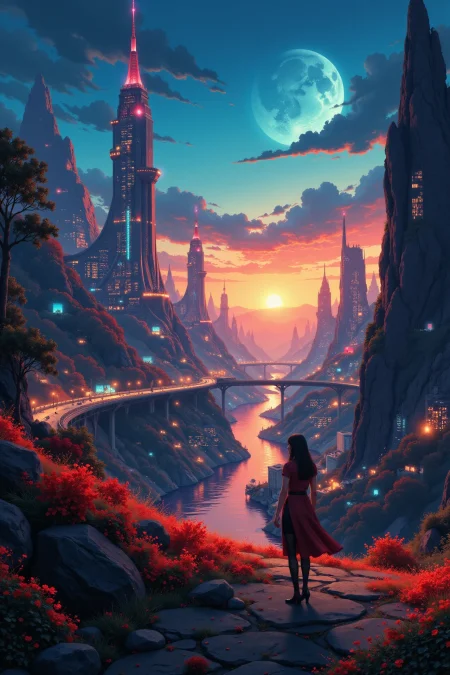 a futuristic sci-fi fantastic cyberpunk city beautiful  landscape, dusk, woman, very intricate, very detailed, sharp, bright, colorful, <lora:Hand v2:0.5> <lora:Anti-Blur:1><lora:Insane Detail Slider:0.25>  <lora:flux.1_lora_flyway_Epic-detail_v2:0.3> <lora:fluxenhancer:0.25> <lora:Anime_style:0.6> anime style