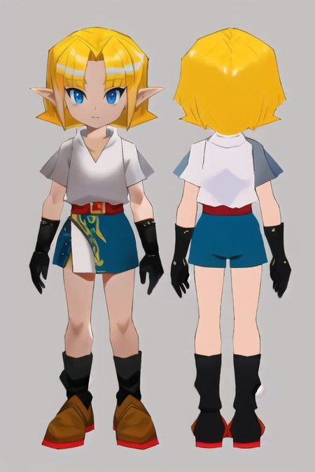 anime, girl, blonde, short hair, short shorts, short white shirt, shoes, gloves, blue eyes, simples, blackground, model sheet, chara-sheet, flat shadows, medieval fantasy, n64style, ocarinaoftime