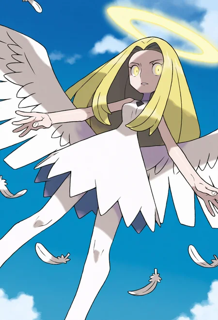 sugimori ken,
best quality, amazing quality, very aesthetic, absurdres,
BREAK
1girl, long hair, blonde hair, white theme, angel wings, white dress, feathers, sky, detailed background, white background, halo, white pantyhose, spread wings, outstretched, blue sky, cloud,
looking at viewer, yellow eyes, glowing eyes,  <lora:KenSugimoriNoob_byKonan:1>