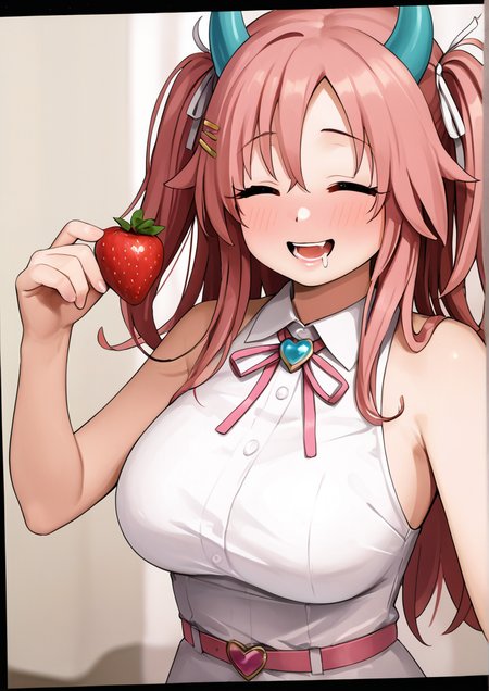1girl, angelic buster, huge breast, furry female, furry, aqua gemstone, aqua hair, ^^^, aqua horns, armpit crease, bare shoulders, belt, blush, breasts, closed eyes, collared dress, dress, drooling, eyelashes, fingernails, food, fruit, hair between eyes, hair ornament, hair ribbon, hairclip, heart, heart hair ornament, holding, holding food, holding fruit, horns, long hair, multicolored hair, open mouth, pink belt, pink hair, pink ribbon, ribbon, sexually suggestive, sleeveless, sleeveless dress, smile, solo, strawberry, teeth, two-tone hair, two side up, upper body, white dress, zPDXL3  <lora:çä¹³ãã¾ãGyuunyuu_Umao_doujinshi:1>