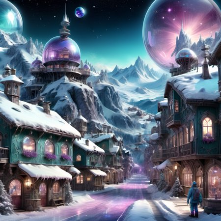 ((best quality)), ((masterpiece)), ((realistic,digital art)), (hyper detailed),DonMC3l3st14l3xpl0r3rsXL Ski Resort Town, magical, fantasy, whimsical, fairytale , 8K, HDR,  <lora:DonMC3l3st14l3xpl0r3rsXL-000007:1>