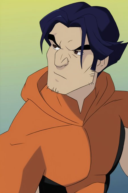masterpiece, best quality, highres, newest, logan, wolvevo, 1boy, solo, male focus, mature male, short hair, dark blue hair, brown eyes, thick eyebrows, facial hair, stubble, sideburns, hood down, bodysuit, orange bodysuit, black bodysuit, two-tone bodysuit, short sleeves, muscular, looking at viewer, standing, close-up, portrait, upper body, simple background <lora:Wolverine (Logan) X-Men Evolution (First Suit+Logan) v1.1 [LoRA] - NoobAI-XL EPS 1.0:0.8>